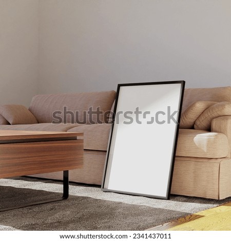 frame mockup leaning on the beige sofa in the living room. 50x70, 20x28, 20RP frame mockup poster. Modern interior design Royalty-Free Stock Photo #2341437011