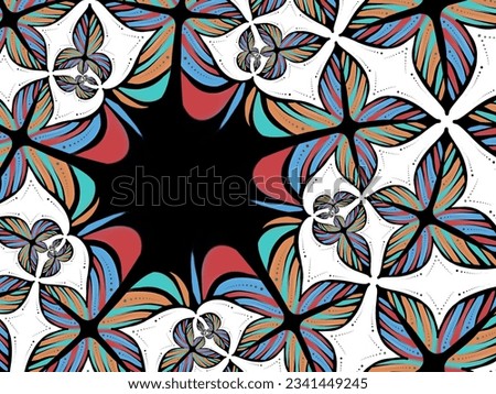 A hand drawing pattern made of orange red green turquoise with black on a white background