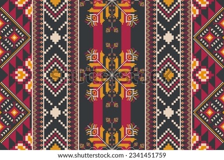 Ethnic embroidery stripes pattern. Vector ethnic geometric shape seamless pattern colorful vintage pixel art style. Ethnic geometric stitch pattern use for textile, carpet, cushion, wallpaper, etc. Royalty-Free Stock Photo #2341451759