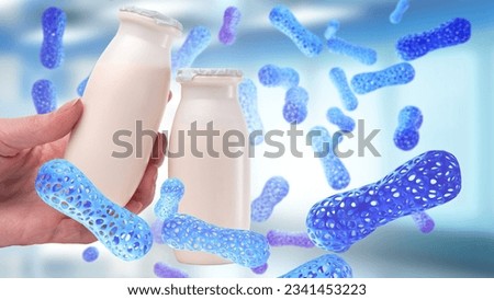Probiotic yogurt. White bottle in doctor's hand. Probiotic molecules. Yogurt with bifidobacteria concept. Lactobacillus cells. Probiotic yogurt for immunity. Caring for microbiota of body Royalty-Free Stock Photo #2341453223