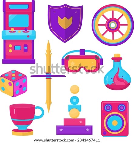 10 video games icon illustrations set. arcade machine, shield, racing wheel, energy potion, VR glasses, sword, game cube, game cup, level up, and speaker objects for your design.