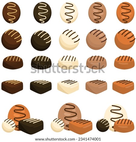 Set of colorful chocolate desserts and candies illustration. Vector chocolate brownies