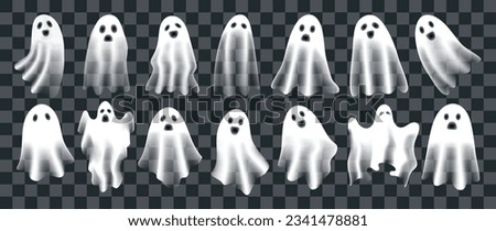 Happy Halloween day vector. Cute collection of spooky ghost with emotion, spirits gradient mesh effect. Transparent shadow effect ghost in halloween festival for decoration, prints, cover, stickers.