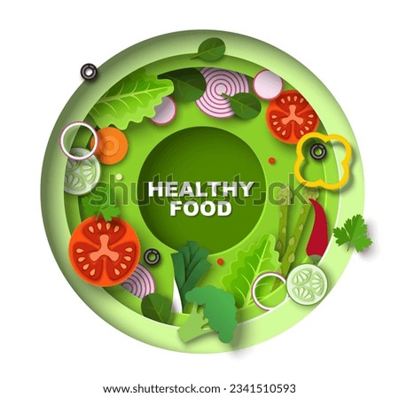 Healthy food paper cut craft vector round poster with different fresh organic natural sliced vegetables and greenery illustration