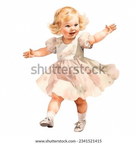 Cute smiling little girl in a beautiful dress on a white background. Hand-painted lovely baby. Nice illustration for t-shirts, posters, birthday. Ideal for printing and card making.
