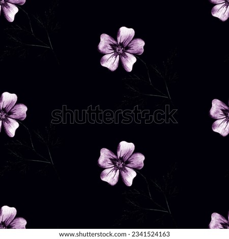 Seamless Pattern with Hand-Drawn Pink Flower. Black Background with Thin-leaved Lavender Marigolds for Print, Design, Holiday, Wedding and Birthday Card.