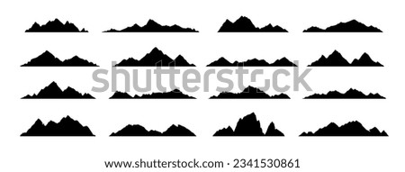 Black mountain, hill and rock silhouettes. Vector rocky ranges and ridges with snow peaks and tops. Mountain nature landscape silhouettes, hiking sport, tourism, outdoor adventure and camping themes Royalty-Free Stock Photo #2341530861
