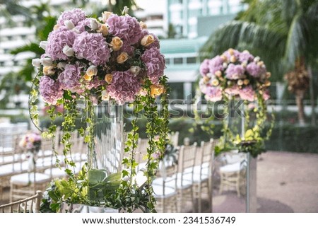 beautiful luxury wedding event colourful flower flora decoration concept and romantic lighting sculpture for outdoor garden rom solemnisation and hotel fine dining