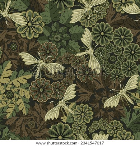 Seamless khaki green camouflage pattern with nature elements, chamomile flower, moth, butterfly, forest leaves. Fractal, spiral, funnel shapes with elements. For apparel, fabric, textile, sport goods Royalty-Free Stock Photo #2341547017