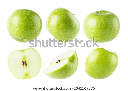Bright green apples collection, whole and cut on half with tails, seeds, different sides isolated on white background. Summer fresh ripe fruits as design elements. Royalty-Free Stock Photo #2341567995