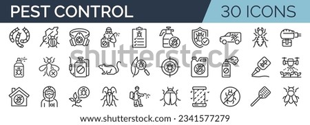 Set of 30 outline icons related to pest control, bugs, insects. Linear icon collection. Editable stroke. Vector illustration Royalty-Free Stock Photo #2341577279