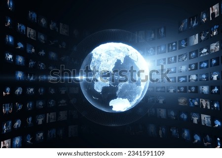 Creative glowing polygonal globe with rows of images on dark backdrop. Connecting businesspeople, video conference concept