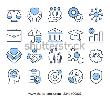 Social policy concept blue editable stroke outline icons set isolated on white background flat vector illustration. Pixel perfect. 64 x 64. Royalty-Free Stock Photo #2341600829