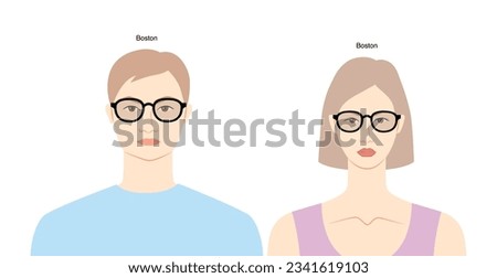 Boston frame glasses on women and men flat character fashion accessory illustration. Sunglass front view silhouette style, rim spectacles eyeglasses with lens sketch style isolated on white background