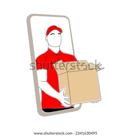 Online delivery phone concept. Smartphone with Man holding craft box. Delivery app with guy courier in red uniform. Simple vector hand drawn outline illustration isolated on white background