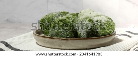 Frozen food spinach cubes homemade. Harvesting concept. Stocking up vegetables for winter storage