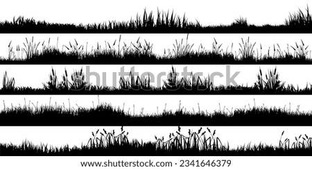 Meadow silhouettes with grass, plants on plain. Panoramic summer lawn landscape with herbs, various weeds. Herbal border, frame element. Black horizontal banners. Vector illustration Royalty-Free Stock Photo #2341646379