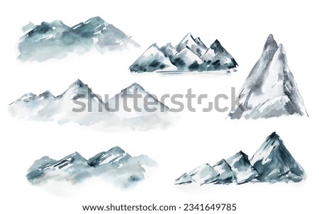 Watercolor mountains blue, Greenery landscape clipart, Forest tree clipart for woodland wedding, travel design, blue, navy, grey