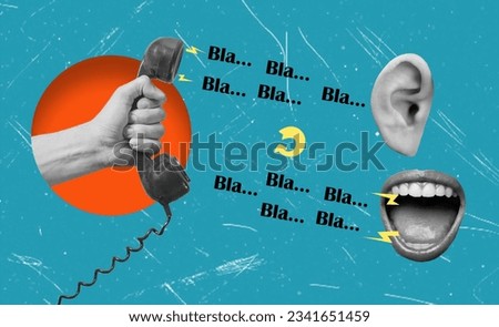 Exclusive minimal journal sketch collage featuring a palm holding a landline phone, ear and mouth saying bla bla bla bla. The concept of a conversation to nothing. Royalty-Free Stock Photo #2341651459