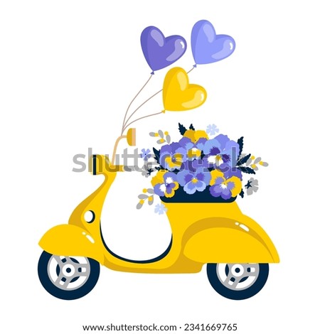 A bright yellow scooter with an armful of pansies and balloons. Vector. Illustrated clipart.
