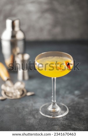 Boozy Corpse Reviver No 2 Cocktail with Gin and Lemon in Cocktail glass. Alcoholic drink and bar tools. Royalty-Free Stock Photo #2341670463
