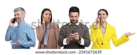 Collage with photo of people using mobile phones on white background Royalty-Free Stock Photo #2341672639