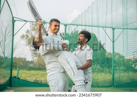 Cricket players celebrating their win or victory on cricket field 