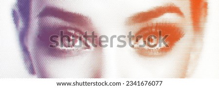 Vector halftone female eyes. Frontal view closeup of eyes made by dotted pattern.
