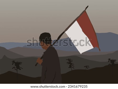  This inspiring illustration features a young man holding the Indonesian flag on a staff, while gazing at the breathtaking mountain landscape. Royalty-Free Stock Photo #2341679235