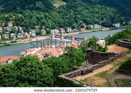 City view with river and tiled roofs. Summer in Germany. Heidelberg