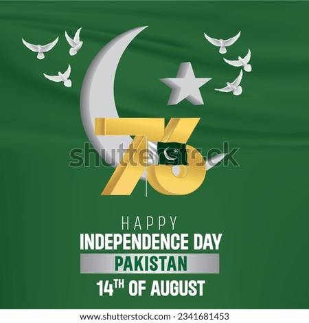 76 Year of celebration vector illustration of happy independence day in Pakistan celebration on August 14. vector Pakistan Symbol moon with star and pakistan flag design and flying pigeon