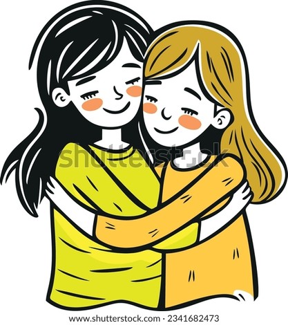 Vector drawing of two hugging girls. Isolated drawing on a white background. Royalty-Free Stock Photo #2341682473