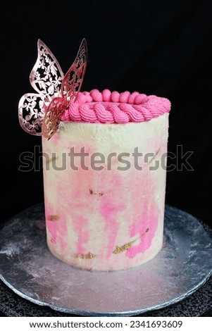 Butter cream cake with black background and different decor,  different colors and designs, empty space for title. with cake stand and without cake stand pictures. 