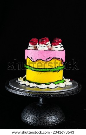 Butter cream cake with black background and different decor,  different colors and designs, empty space for title. with cake stand and without cake stand pictures. 
