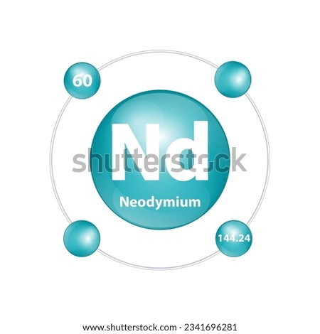 Icon structure Neodymium (Nd) chemical element round shape circle dark green with surround ring. Number shows of energy levels of electron. Study science for education. 3D Illustration vector.