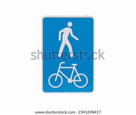 Traffic Sign white blue walking, cycling is allowed. Bike pedestrian street city signs. Rules for road users. Driving at safe speed, please be careful. Restricts freedom. Isolated on white background.