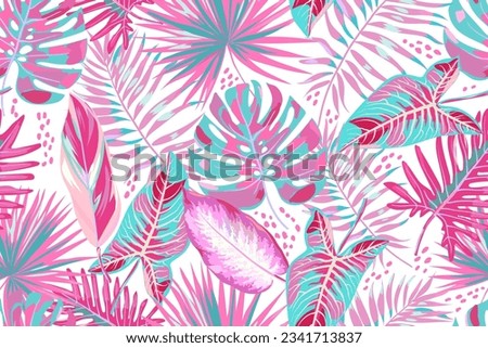 Seamless pattern with tropical leaves on white background. Colorful leaves of palm, monstera, alocasia, philodendron, calathea. Pink and light blue colors.  Summer tropical pattern. Vector. Royalty-Free Stock Photo #2341713837