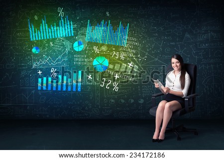 Businesswoman in office with tablet in hand and high tech graph charts concept on background