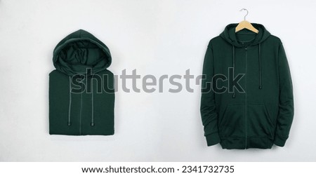 Jungle Green Hoodie Isolated on White. Full Zip Jumper with Fold View. Zippered Pullover Hoodies. Zipper Hooded Sweatshirt. Long Sleeve Apparel. Men's Top Warm Zip Up Fleece Hoody Sweater Royalty-Free Stock Photo #2341732735