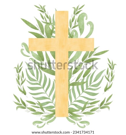 Watercolor Easter Cross. Spring Floral Arrangements. Baptism Crosses. Greenery Easter clip art. Holy Spirit, Religious, hand drawn.