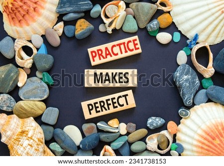 Practice makes perfect symbol. Concept words Practice makes perfect on wooden block. Beautiful black table black background. Sea stone seashell. Business practice makes perfect concept. Copy space.