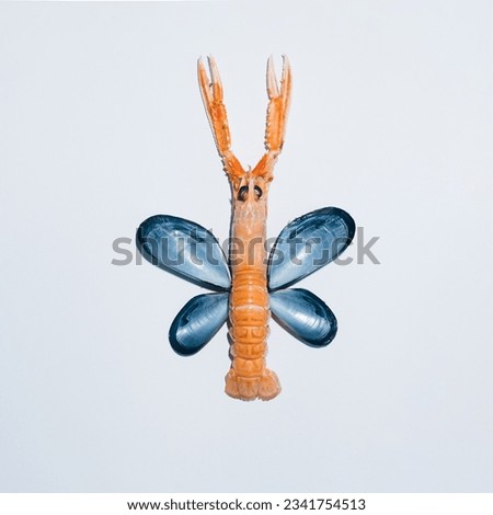 Abstract marine composition on white bright background made with seafood: a shrimp and mussels shells forming a butterfly