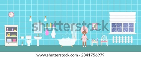 African american girl dressing in pink bathrobe in bathroom.On blue background. Doll house interior concept. Panorama. Cartoon flat style. Vector illustration