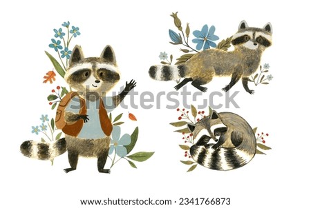 forest animals, animals clip art, raccoon clip art, raccoon, gouache clipart, watercolor cartoon illustration, cozy autumn, watercolor raccoon, clip art illustration, cute animals, child style