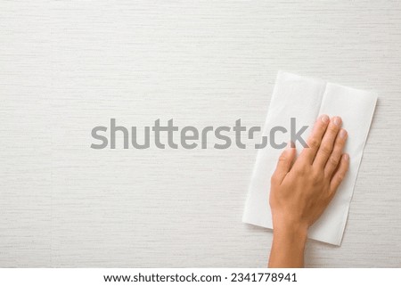 Young adult woman hand holding white dry paper napkin and wiping light gray wallpaper surface. Closeup. Front view. Empty place for text. Royalty-Free Stock Photo #2341778941
