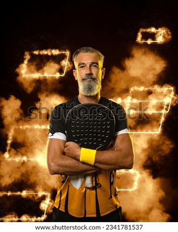 Padel tennis player with racket. Man athlete with paddle tenis racket on court. Sport concept. Download a high quality photo for the design of a sports app or betting site.