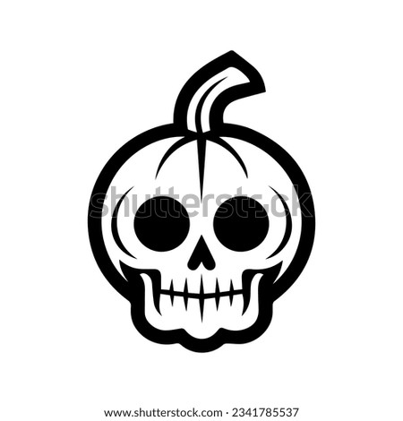 Pumpkin skull silhouette, isolated on white background. Halloween silhouette black skull logo  - for scary design or decor. Tattoo design. Vector illustration, traditional Halloween decorative element