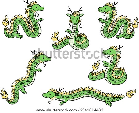 Illustration set of Chinese style green dragons in various poses