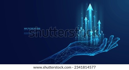 Abstract digital businessman hand holding rising arrows in futuristic style. Successful business and growth strategy concept. Low poly wireframe vector illustration on technological blue background. Royalty-Free Stock Photo #2341814577