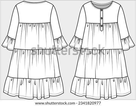 EMPIRE CUT HENLEY PLACKET FLORAL TIERED DRESS WITH ELBOW LENGTH SLEEVES DETAIL WOVEN DRESS DESIGNED FOR TEEN GIRL AND WOMEN IN EDITABLE VECTOR Royalty-Free Stock Photo #2341820977
